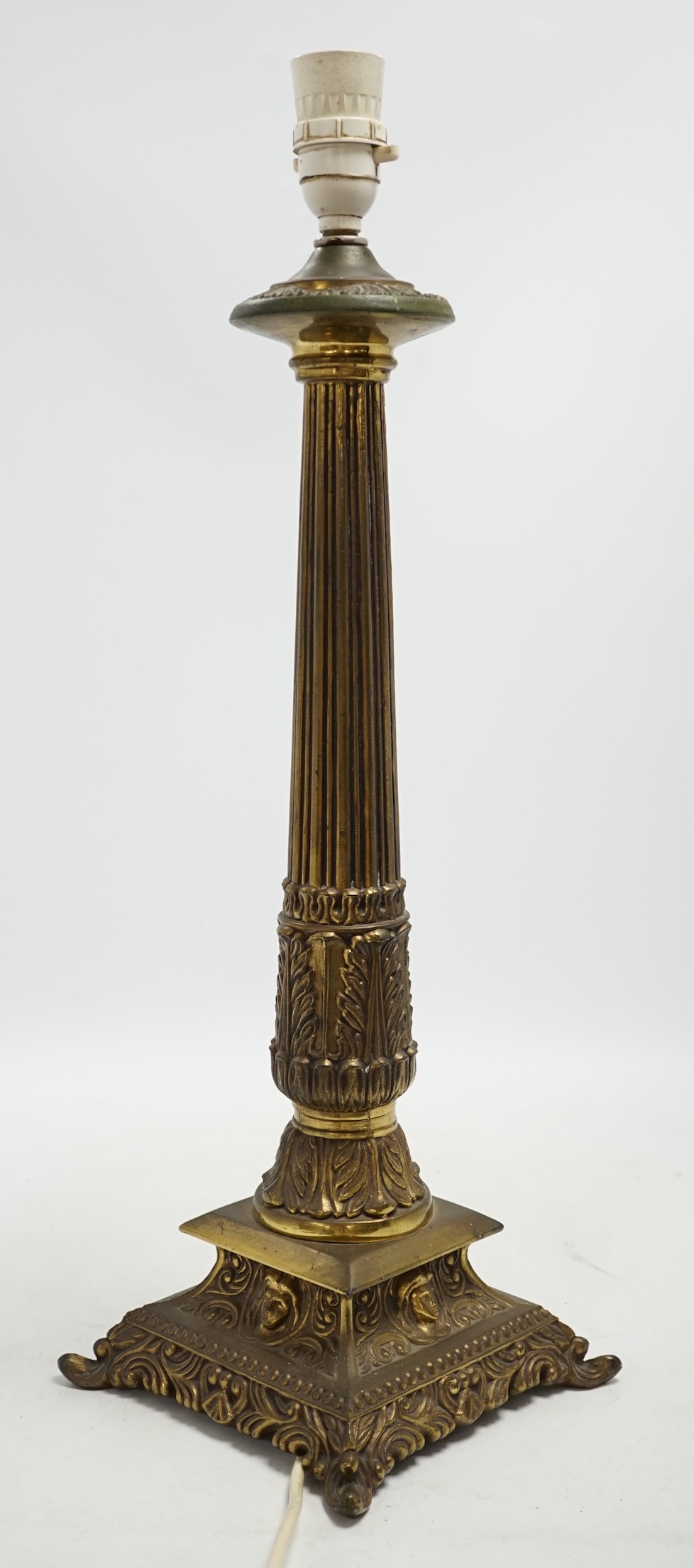 A heavy cast brass columnar table lamp, 48cm high (not including light fitting). Condition - good, but tarnished